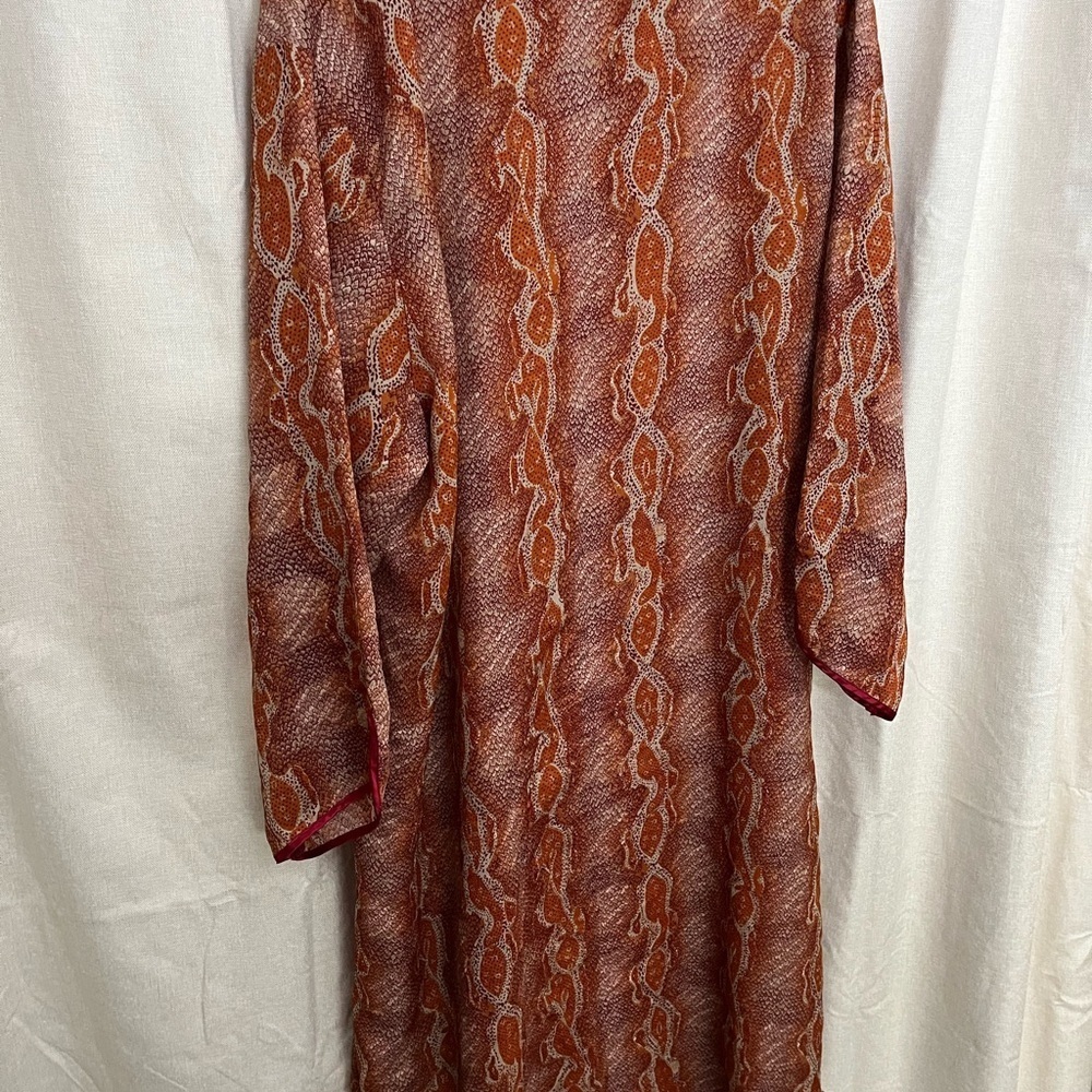 5/$45 Vintage 70s Long Semi Sheer Orange Snakeskin Kaftan by La Nuit - Picture 7 of 14